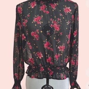 Sheer Black Red Roses Top